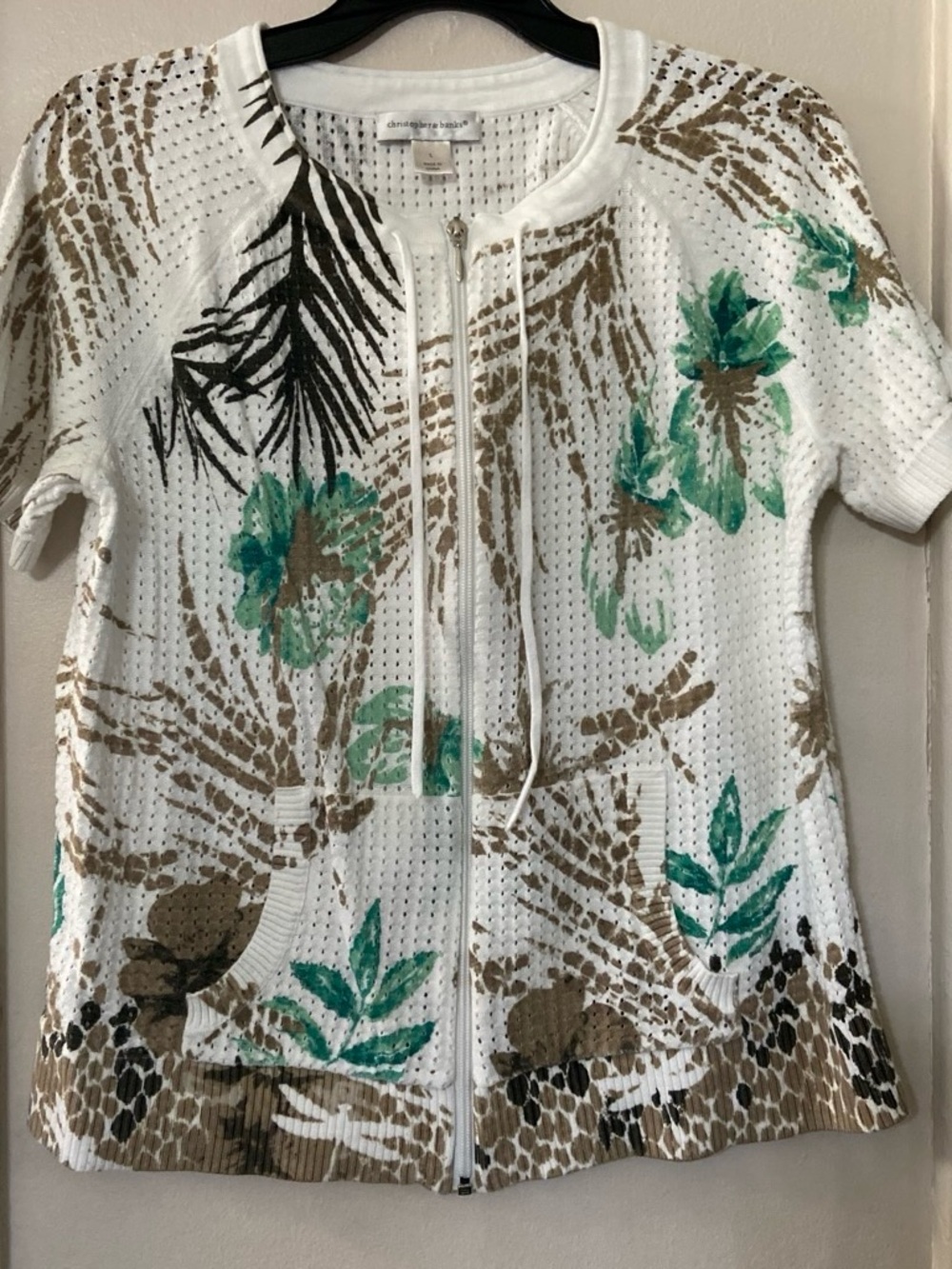 Christopher & Banks White Zip-Front Floral Knit Hoodie